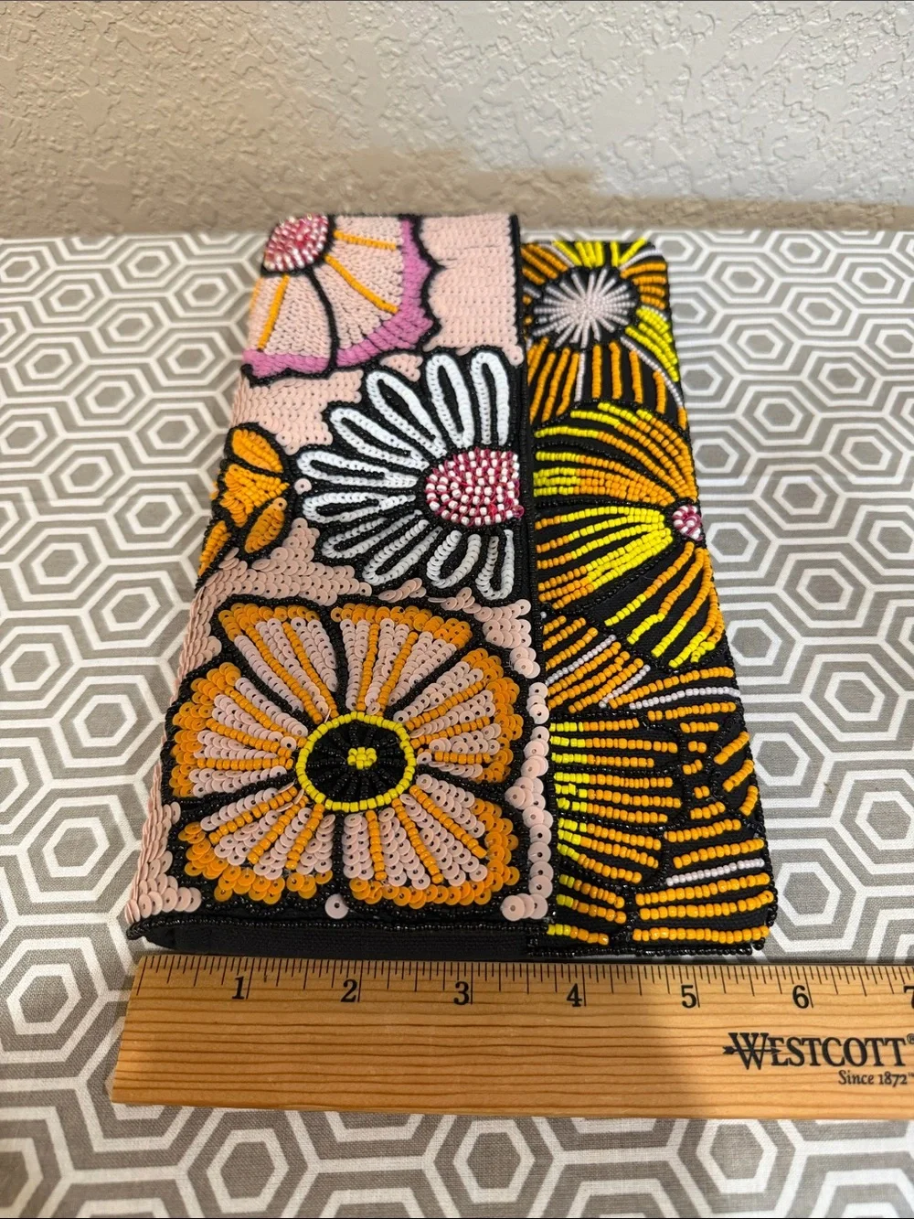 2 Chic Beaded Floral Envelope Clutch in Pink, Yellow & Black
